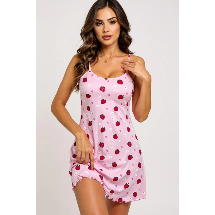 Pembe Çilek Desenli Askılı Kadın Gecelik