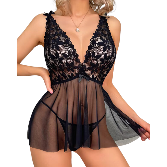 Fantezi Siyah Dantelli Transparan Tül Etekli Seksi Elbise Gecelik BC3265