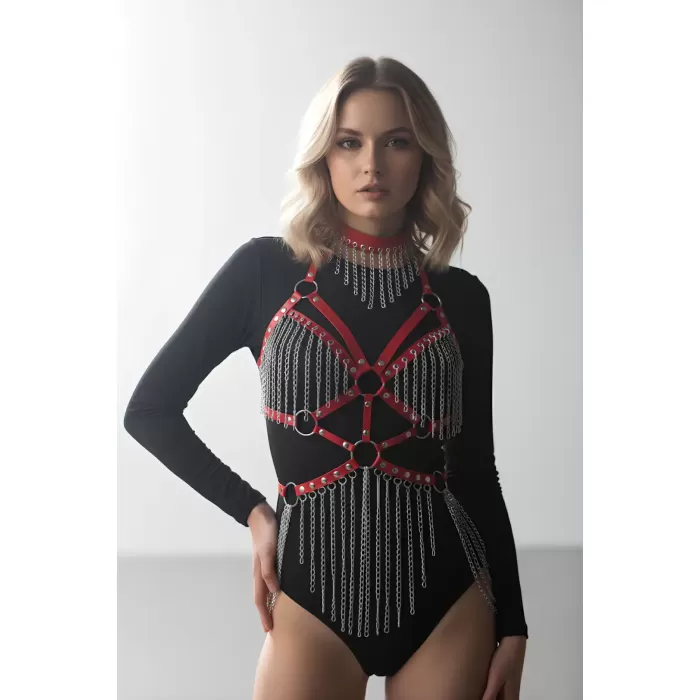 Deri ve Zincir Detaylı Harness Takım, Deri Dansçı Kostüm, Choker Detaylı Deri Harness - APFT1397