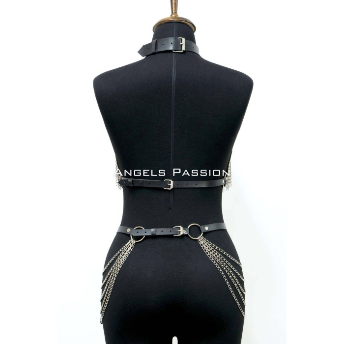 Deri ve Zincir Detaylı Harness Takım, Deri Dansçı Kostüm, Choker Detaylı Deri Harness - APFT1397