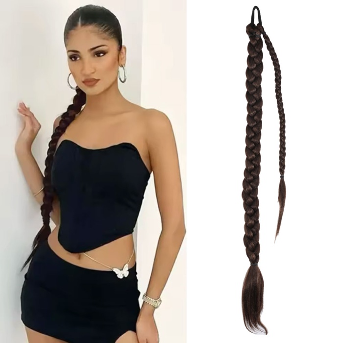 Üçlü Örgü Tokalı At Kuyruğu - Kahve Karamel