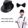Siyah Payetli Şapka ve Papyon Seti – Parıltılı Yetişkin Kostüm Seti