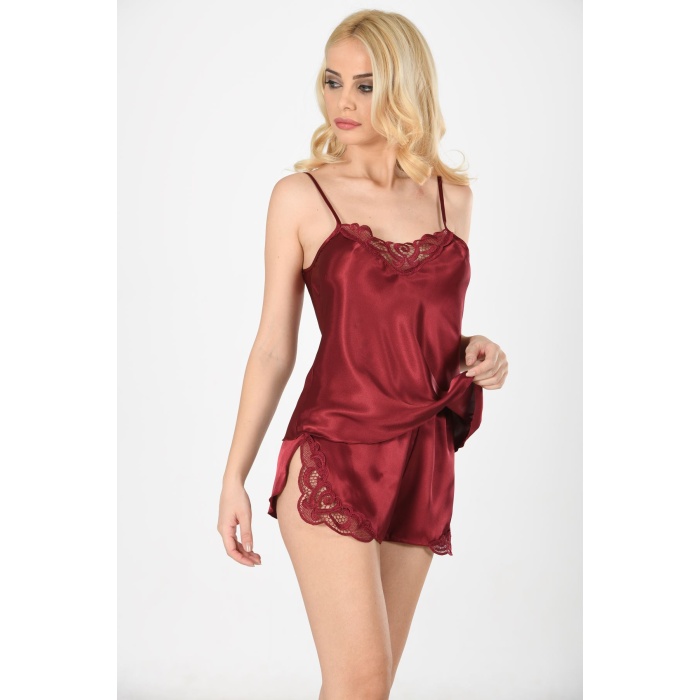 Bordo Saten Babydoll Şortlu Takım