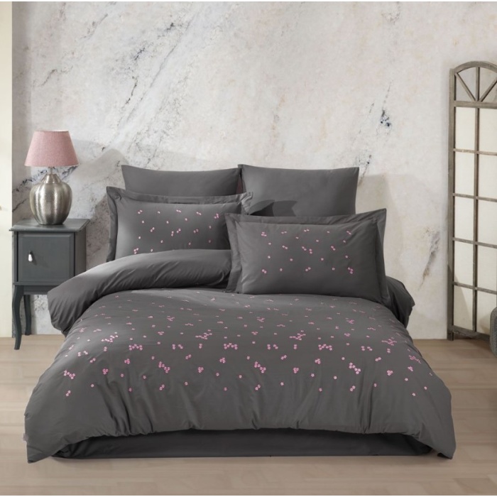 Çift Kişilik Poplin Premium Nakışlı Nevresim Spring Gri