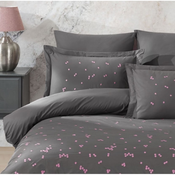 Çift Kişilik Poplin Premium Nakışlı Nevresim Spring Gri