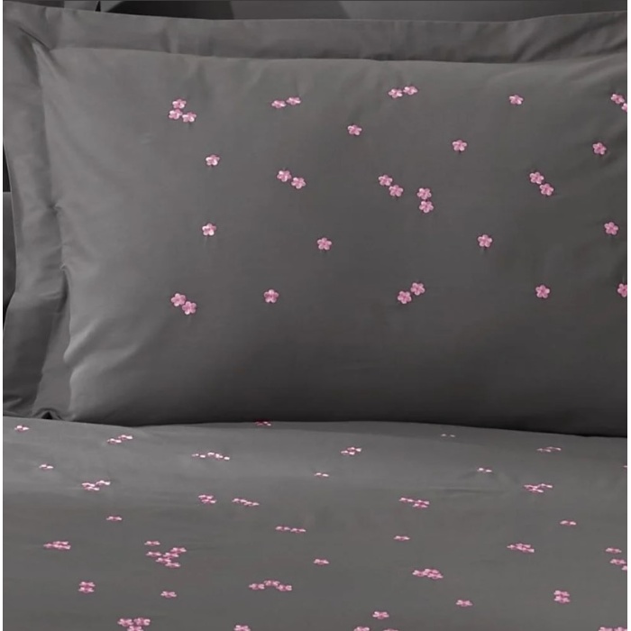 Çift Kişilik Poplin Premium Nakışlı Nevresim Spring Gri