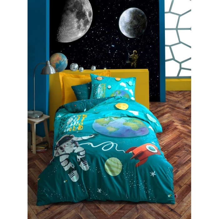 Genç Ranforce Nevresim Takımı Tek Kişilik Little Astronaut Turkuaz