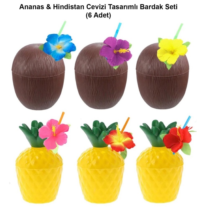 Ananas & Hindistan Cevizi Tasarımlı Pipetli Bardak Seti (6 Adet)