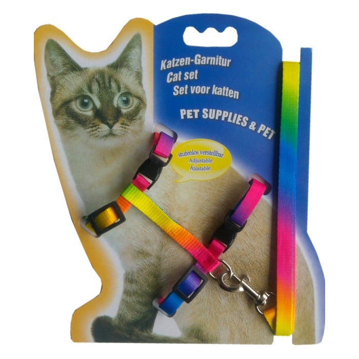 Gök Kuşağı Desen Kedi Göğüs Bel Tasma Takımı