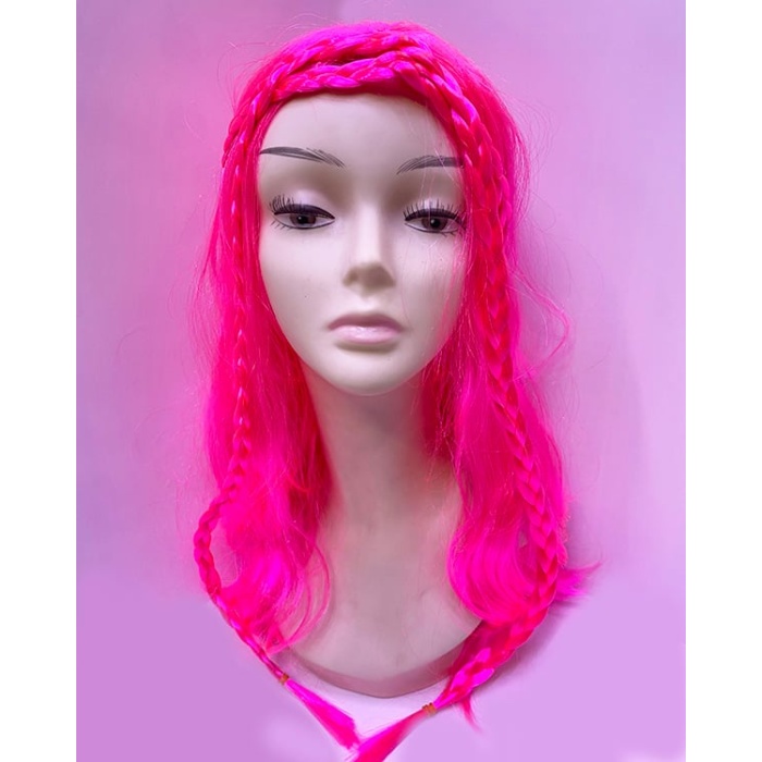 Neon Pembe Renk Örgülü Helen Karakter Peruğu Takma Saç