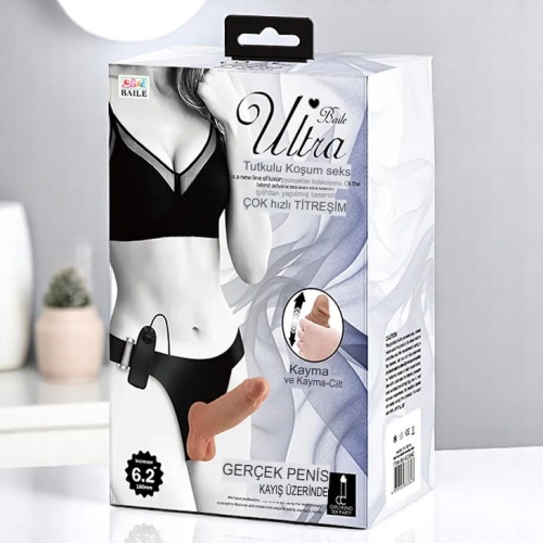 BAİLE 16 cm Yeni Nesil Belden Bağlamalı Çift Katmanlı İçi Dolu Titreşimli Strapon Penis