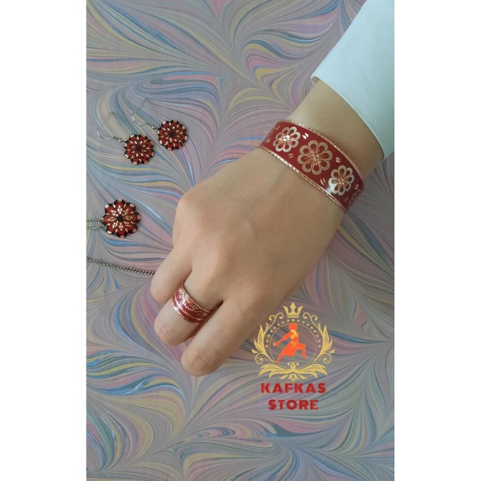Hediyelik,el Yapımı %100 Bakır Takı Set.bilezik,yüzük,küpe,kolye Tam Set.no:01