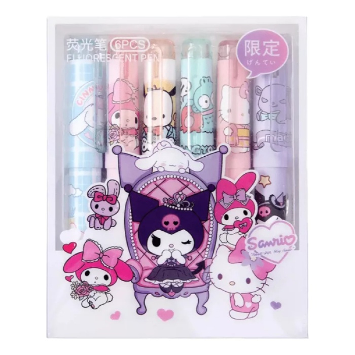 6lı Fosforlu Kalem Seti - Hello Kitty Kuromi ve Arkadaşları