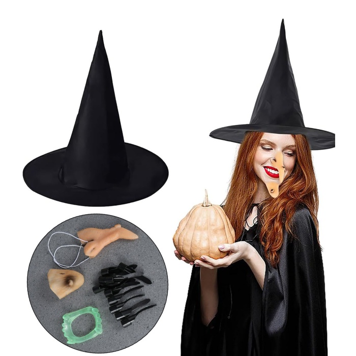 Cadı Kostümü Seti - Şapka, Tırnak, Burun, Çene, Diş
