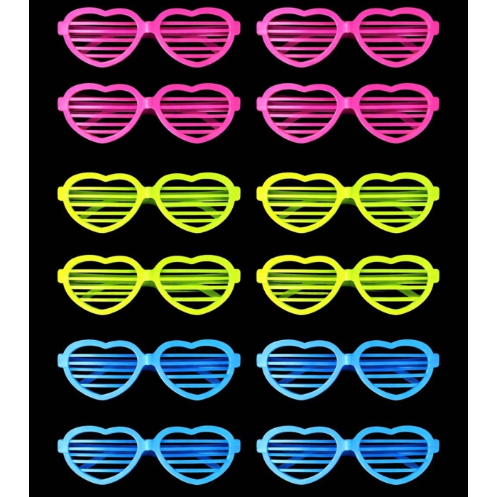 Retro Neon Fosforlu Kalp Panjur Gözlük - 12 Adet