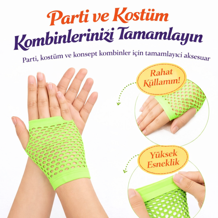 Retro Neon Yeşil File Parmaksız Kısa Eldiven 11 cm