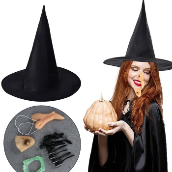 Cadı Kostümü Seti - Şapka, Tırnak, Burun, Çene, Diş