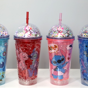 Sevimli Stitch Pipetli Işıklı Pullu Suluk Bardak 400 ml