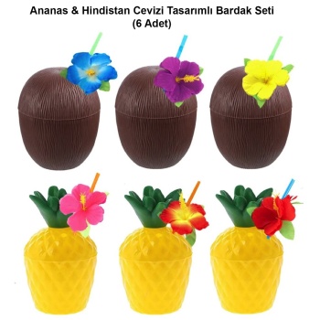 Ananas Lamp; Hindistan Cevizi Tasarımlı Pipetli Bardak Seti (6 Adet)