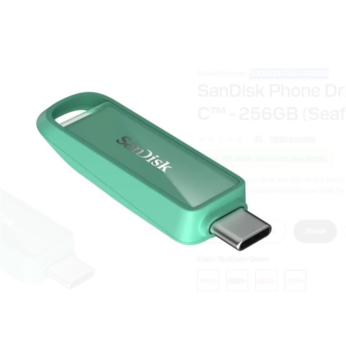 Sandisk SDIXS0N-256G-GN6NQ 256GB Phone Drive with USB-C-128GB (Seafoam Green) Flash Bellek