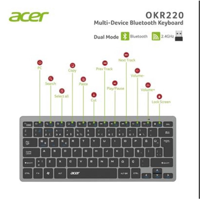 Acer OKR220 Siyah MultiDevice Dual Mode 2.4GHZ Bluetooth Klavye (Smart Tv)(Android)