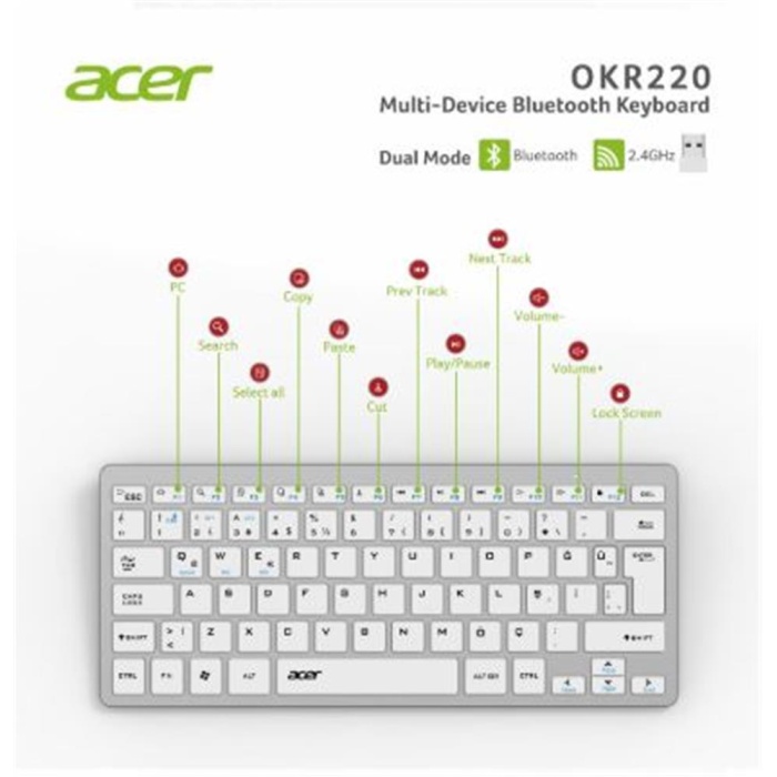 Acer OKR220 Beyaz MultiDevice Dual Mode 2.4GHZ Bluetooth Klavye (Smart Tv)(Android)