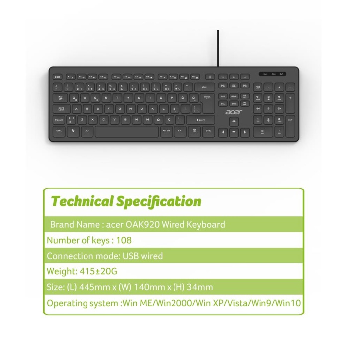 Acer OAK920 Q Usb SİYAH 1.8mt  Kablolu Klavye-Tek Tuş Hesap Makinalı (Sessiz Tuş)