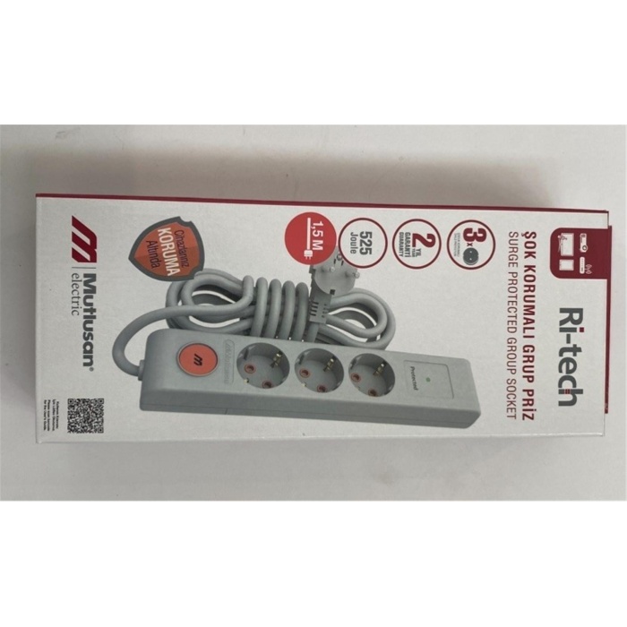 Mutlusan Ri-Tech 3 lü Şok Korumalı Grup Priz 1.5m (001 175 370002 15 00)