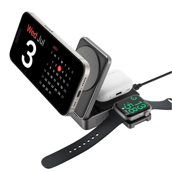 S-link SW-CWF116 Siyah Telefon Kulaklık Akıllı Saat 15W 3 in 1 Magsafe Qi2 Kablosuz Şarj Cihazı