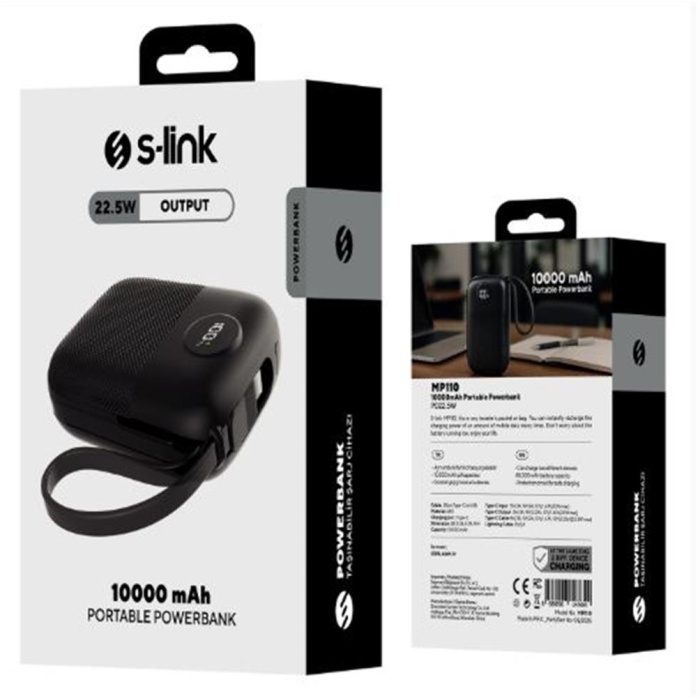 S-link MP110 10000mAh PD22.5W Type-C+Lightning Kablolu Siyah  Pil Şarj Cihazı Powerbank