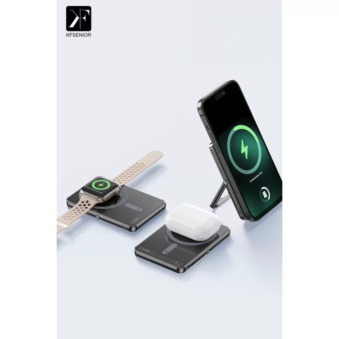 Newface PW580 5.000 mAh 20W Type-C 15W Kablosuz Şarj 3W Saat Şarj ve 5W Kulaklık Şarj Destekli PD Hızlı Şarj Magsafe Powerbank - Titanyum