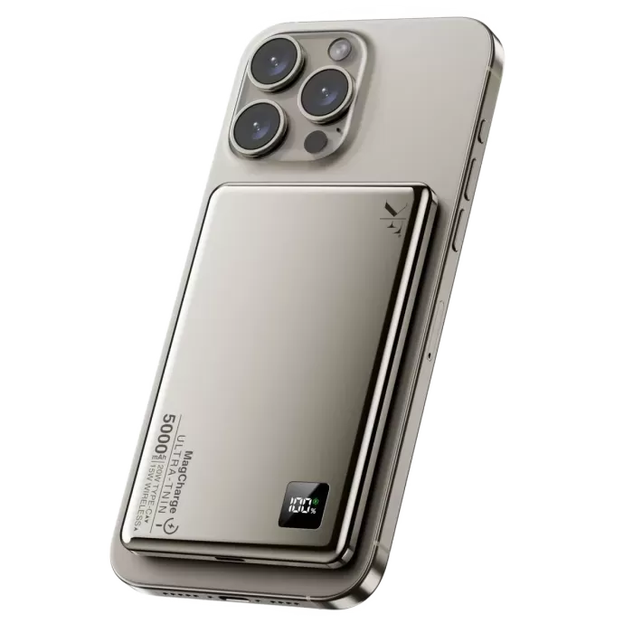 Newface PW555 5.000 mAh Dijital Göstergeli 18W Type-C ve 15W Kablosuz Şarj PD Hızlı Şarj Magsafe Powerbank - Titanyum