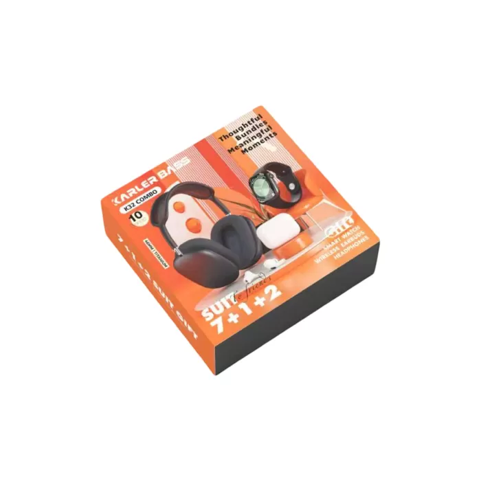 Karler Bass K32 Kombo 7 Adet Kordon Akıllı Saat Airpods Kulaklık Kafa Üstü Kablosuz Kulaklık Set - Siyah