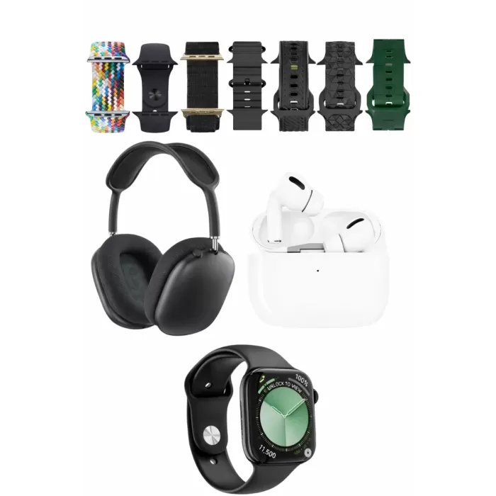 Karler Bass K32 Kombo 7 Adet Kordon Akıllı Saat Airpods Kulaklık Kafa Üstü Kablosuz Kulaklık Set - Siyah