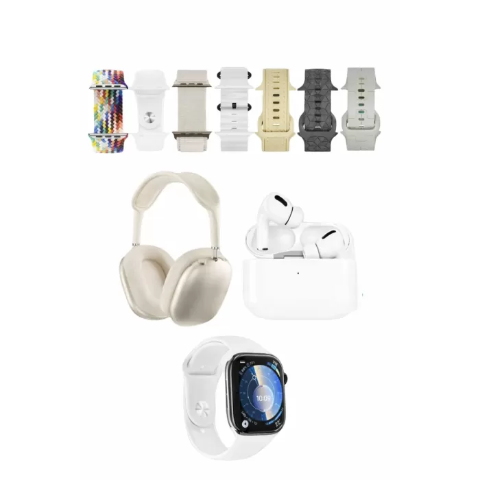 Karler Bass K32 Kombo 7 Adet Kordon Akıllı Saat Airpods Kulaklık Kafa Üstü Kablosuz Kulaklık Set - Beyaz