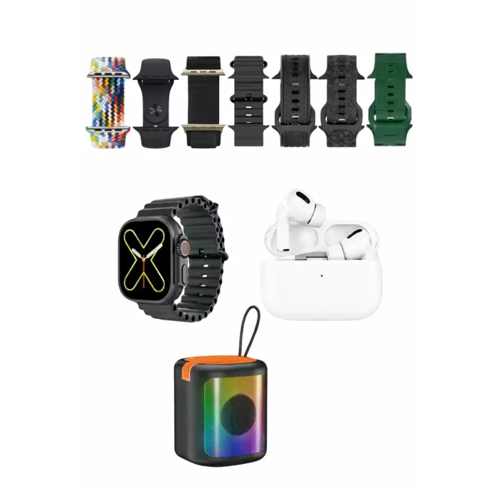 Karler Bass K28 Kombo 7 Adet Kordon Akıllı Saat Airpods Kulaklık Kablosuz Hoparlör Set - Siyah