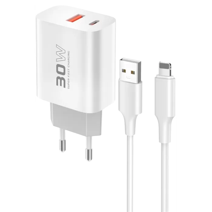 Konfulon C89Q 1 Adet 30W Type-C ve 1 Adet 22.5W USB Çıkışlı Ekstra DL48 1M USB to Lightning Kablolu PD Şarj Cihazı - Beyaz
