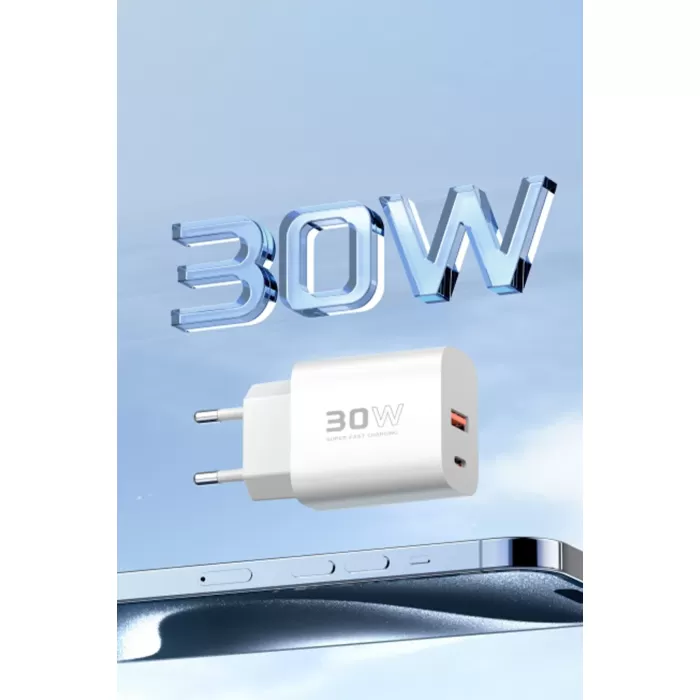 Konfulon C89Q 1 Adet 30W Type-C ve 1 Adet 22.5W USB Çıkışlı Ekstra DL48 1M USB to Lightning Kablolu PD Şarj Cihazı - Beyaz