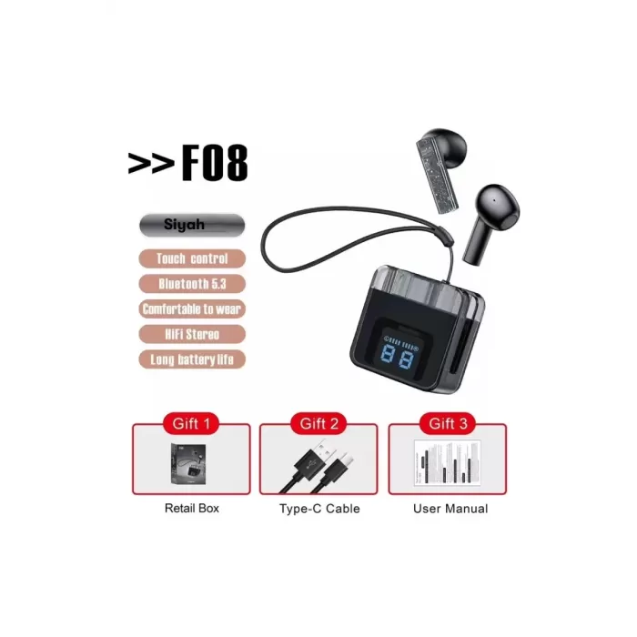 Karler Bass F08 Dijital Şarj Göstergeli TWS Bluetooth Kulaklık - Siyah