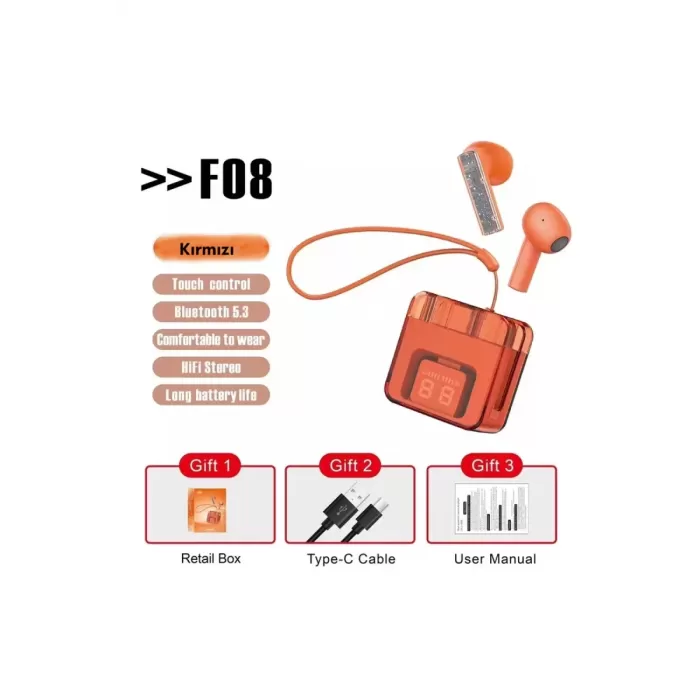 Karler Bass F08 Dijital Şarj Göstergeli TWS Bluetooth Kulaklık - Kırmızı