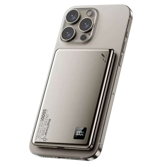 Newface PW555 5.000 mAh Dijital Göstergeli 18W Type-C ve 15W Kablosuz Şarj PD Hızlı Şarj Magsafe Powerbank - Titanyum