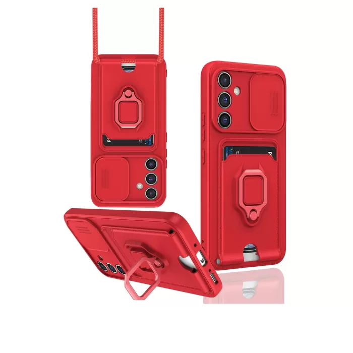 Newface Samsung Galaxy A14 4G Kılıf Zuma Kartvizitli Yüzüklü Silikon - Kırmızı