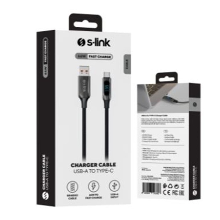 S-link Armor LED UC-066 66W 1m USB to Type-C PD Örgülü LED Başlıklı Siyah Hızlı Şarj Kablosu