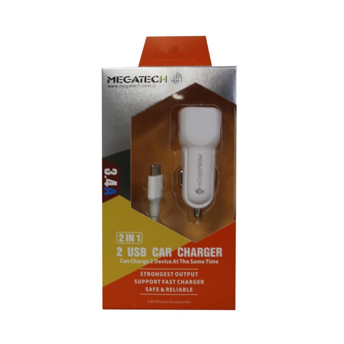 Megatech T05 2Usb 3.4A Beyaz Araç Çakmaklık Şarj Cihazı