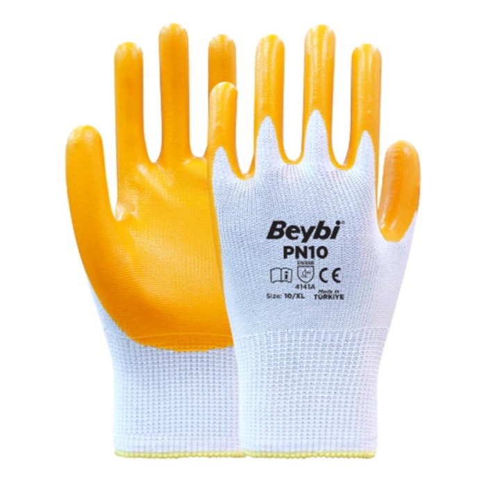 Beybi Nitril PMK PN10 9 Beden 12li Paket Polyester Örme Nitril Eldiven (4141A) Nitril 1-2 Kaplama
