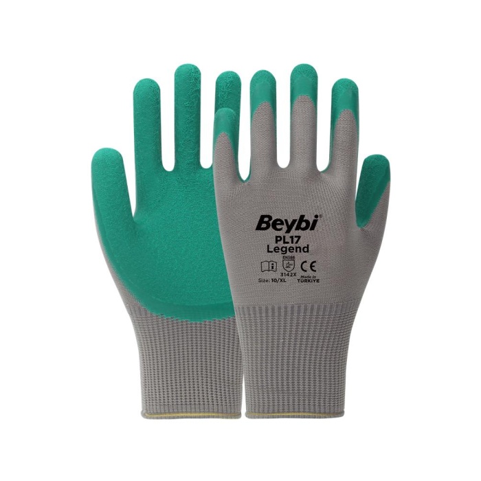 BEYBİ PL17 10 Beden Gri-Yeşil 12li Paket Legend Polyester Örme Lateks Eldiven