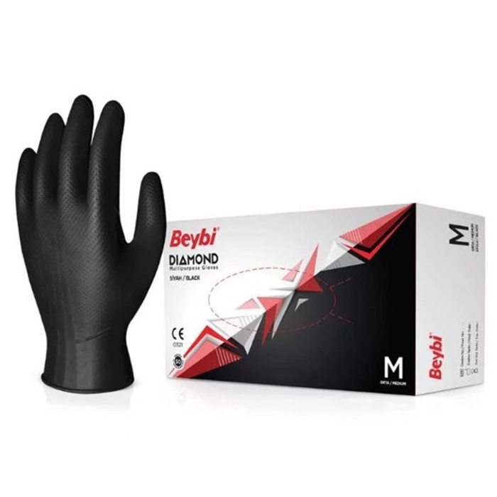 Beybi Diamond M Beden Pudrasız Kalın Siyah Nitril Eldiven Medium (Kutuda 100 Adet)