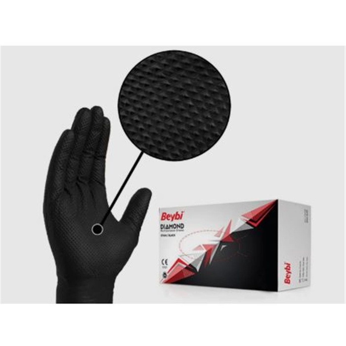 Beybi Diamond L Beden Pudrasız Kalın Siyah Nitril Eldiven Large (Kutuda 100 Adet)