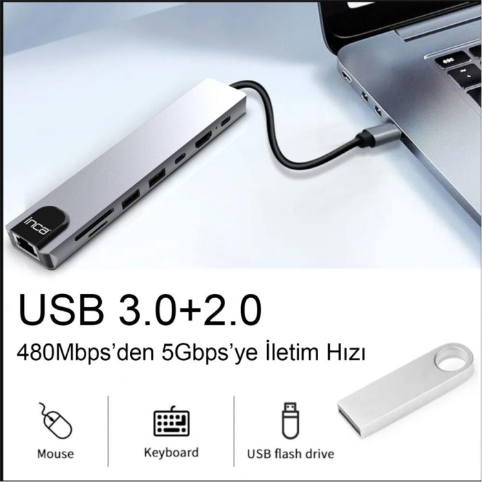 Inca ITPC-7T Type-C Giriş 2XType-C Çoklayıcı RJ-45 HDMI 4K@30 USB 3.0 Çoklayıcı Micro SD Kart