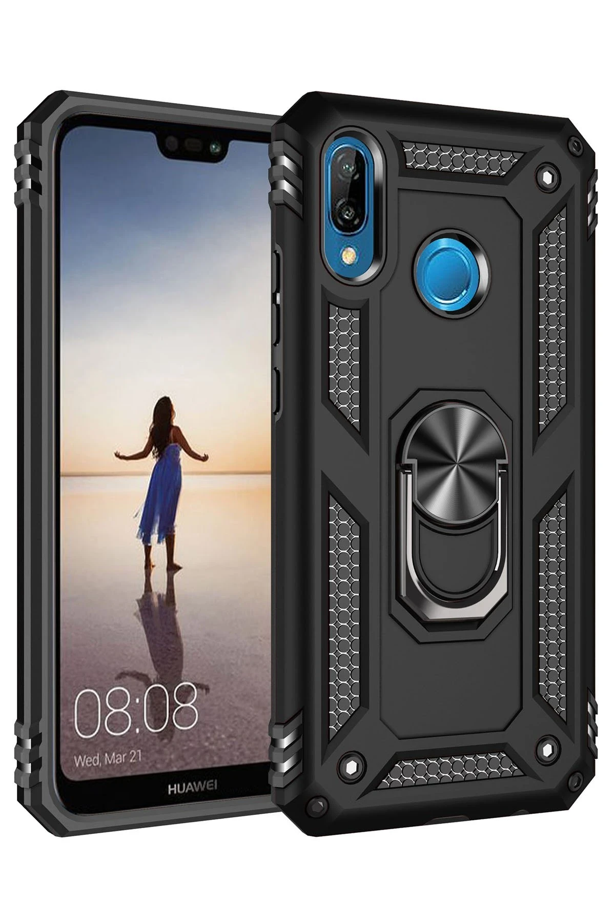 Newface Huawei P20 Lite Kılıf Sofya Yüzüklü Silikon Kapak - Siyah